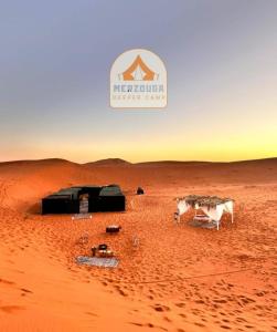 eine Kuh, die mitten in einer Wüste steht in der Unterkunft Merzouga Deeper Camp in Merzouga