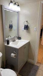 ein Badezimmer mit Waschbecken, Spiegel und Toilette in der Unterkunft Broadview Lovely Apt Close to Beaches in Freeport