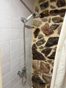 a shower in a bathroom with a stone wall at Sidrós Houses in Vila Nova +30 photos