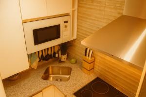a small kitchen with a sink and a microwave at MODERNO NUEVO Luminoso WI-FI PLAZA DEL PILAR 2 in Zaragoza