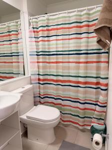 une salle de bain avec toilettes et rideau de douche dans l'établissement innovador departamento cercano a mall y carretera, à Rancagua 17 autres photos