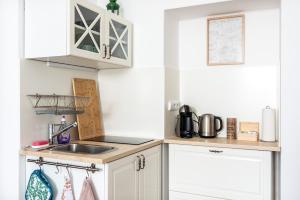 eine Küche mit weißen Schränken und einer Spüle in der Unterkunft Tiny apartment in a family house apartment near the center in Nový Jičín