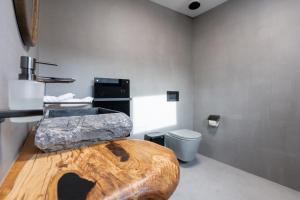 La salle de bains est pourvue d'un lavabo en pierre et de toilettes. dans l'établissement ZenArden - Ninglinspo Valley view Lodge, à Aywaille