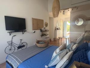 ein Schlafzimmer mit einem blauen Bett und einem Fernseher an der Wand in der Unterkunft Suite privée tout confort in Gargas