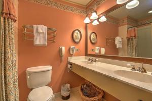 ein Badezimmer mit Toilette, Waschbecken und Spiegel in der Unterkunft Jury Room in Jonesborough