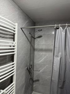 a shower with a glass door in a bathroom at old white house in Kazbegi