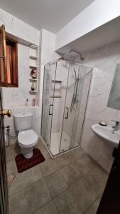 ein Badezimmer mit Dusche, Toilette und Waschbecken in der Unterkunft Kaza Manata in Praia