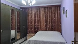 ein Schlafzimmer mit einem Bett und einem Vorhang in der Unterkunft Cozy Home in Tirana