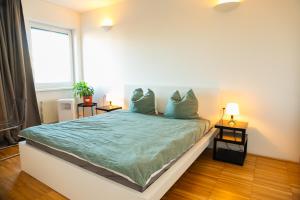 une chambre avec un grand lit avec des oreillers bleus dans l'établissement Modernes Apartment in der Innenstadt Klagenfurt, à Klagenfurt am Wörthersee