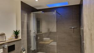 a bathroom with a shower with a glass door at Ferienhaus Strandschnecke in Dornumersiel +22 photos