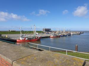 a group of boats docked in a harbor at Ferienhaus Strandschnecke in Dornumersiel