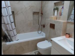 ein Badezimmer mit Dusche, Toilette und Waschbecken in der Unterkunft Stunning house in romema jerusalem in Gedera + 6 Fotos
