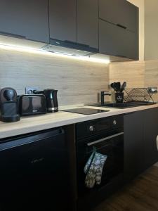 eine Küche mit Herd oberer Ofen neben einer Theke in der Unterkunft Georgia Suites in Lyubimets