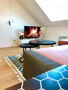 een woonkamer met open haard bij La perle des capucins in Reims