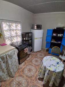 a kitchen with a refrigerator and a table and chairs at Hospedaje la subidita 1 in Colón