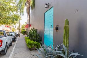 eine blaue Tür an der Seite eines Gebäudes mit einem Kaktus in der Unterkunft Casita Cobojo in Bucerías