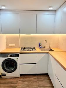 una cocina con lavadora y fregadero en Cabin Hostel City Center Bernardazzi, en Chişinău 12 fotos más