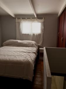 ein kleines Schlafzimmer mit einem Bett und einem Fenster in der Unterkunft Departamento simple y cómodo en Cipolletti in Cipolletti