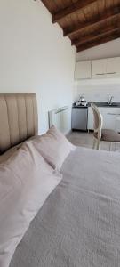 a bedroom with a large bed and a kitchen at La iconica-tiny house in El Calafate