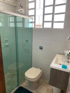 a bathroom with a toilet and a shower and a sink at Kitnet Centro da Cidade in São Bento do Sapucaí