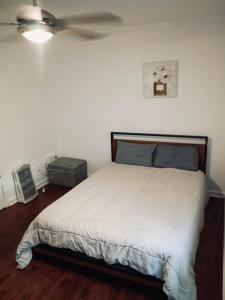 ein Schlafzimmer mit einem Bett und einem Deckenventilator in der Unterkunft Piedmonts Escape in Atlanta