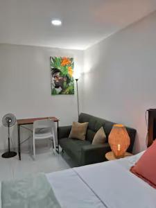 ein Wohnzimmer mit Sofa und Tisch in der Unterkunft Habitaciones Smith in San José