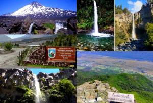 uma colagem de fotos de cachoeiras e uma montanha em Villa Lucita em Manquel mais 4 fotografias