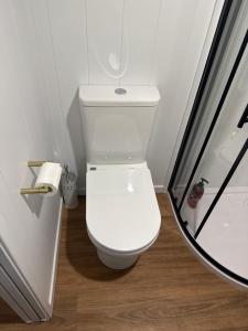 a white toilet in a bathroom with a shower at Big Tiny Medlow in Medlow Bath +24 photos