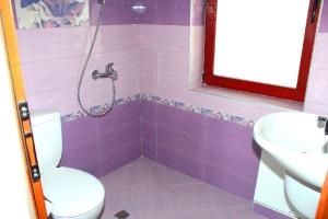 a purple bathroom with a toilet and a shower at Къщи за гости Илиеви , Цигов Чарк in Batak