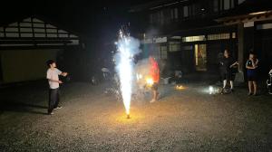 a person standing next to a sparkler in the street at night at 農家民宿と古民家カフェ 里山のカフェ ににぎ in Oga