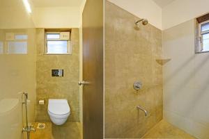 a bathroom with a toilet and a shower at FabHotel Charvi Reemz in Anjuna