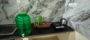 a green water bottle sitting on a counter with a cactus at Entire 1bhk Home - Kumbha Nivas Homestay in Kumbakonam