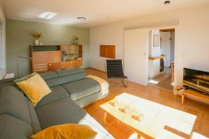 un salon avec un canapé et une télévision dans l'établissement 1970S Architects House In The Countryside, à Rochlitz