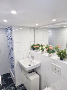 a white bathroom with a sink and a mirror at Ferienwohnung in Büdingen in Büdingen