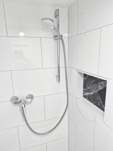a shower with a shower head in a bathroom at Ferienwohnung in Büdingen in Büdingen +4 photos