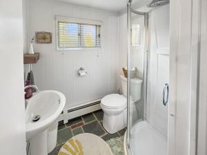 ein weißes Badezimmer mit Toilette und Waschbecken in der Unterkunft The Rosewood home in Bomoseen