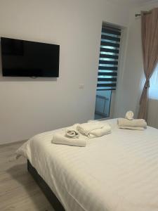 ein Schlafzimmer mit einem Bett mit einem Flachbildfernseher an der Wand in der Unterkunft Kamu Military Residence Studio in Chiajna