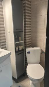 ein Badezimmer mit einer weißen Toilette und einem Waschbecken in der Unterkunft Kamu Military Residence Studio in Chiajna + 17 Fotos