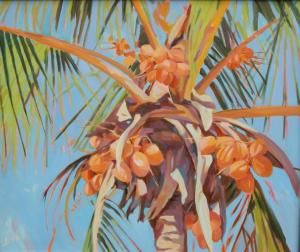 a painting of a palm tree with orange flowers at Haut de Baie de Cook Moorea 6 nuits minimum in Paopao