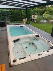 a hot tub in the middle of a yard at Wellness-Villa-Eifel 3 Schlafzimmer in Mechernich