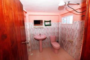 a pink bathroom with a sink and a toilet at Holiday Guest in Nuwara Eliya in Nuwara Eliya