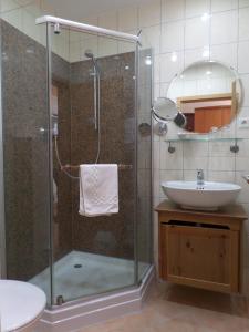 uma casa de banho com um chuveiro e um lavatório. em Hotel Heuschober em Friedrichshafen