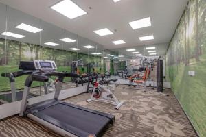 einen Fitnessraum mit einem Laufband und einem Fitnessraum in der Unterkunft Holiday Villa Hotel & Residence Shanghai Jiading in Xuhang
