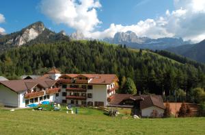 a building in a field with mountains in the background at Dolomitenhotel Weisslahnbad in Tires