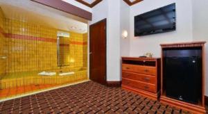 a bathroom with a shower and a television on a wall at Americas Best Value Inn & Suites Los Angeles Downtown SW in Los Angeles +106 photos