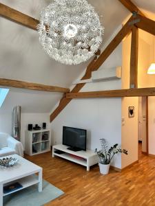 ein Wohnzimmer mit einem Kronleuchter und einem TV in der Unterkunft Apartment thermale luxeuil in Abelcourt