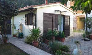 a small white house with brown shutters and plants at Da Lilly Apartment in Lucca