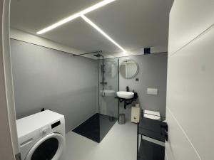 ein Badezimmer mit Toilette, Waschbecken und Spiegel in der Unterkunft PanoramaOase - stilvoll & ruhig - 75qm in Halle an der Saale