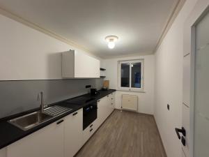 eine Küche mit weißen Schränken und einer Spüle und einem Fenster in der Unterkunft PanoramaOase - stilvoll & ruhig - 75qm in Halle an der Saale