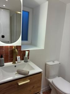 a bathroom with a sink and a toilet and a mirror at Appartement Chic 4 personnes - Plein Centre Historique in Angers